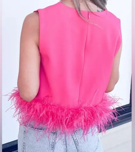 La' Rose Hot Pink Feather Hem Trim Sleeveless Top Size Large NWOT
