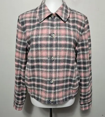 Pendleton Vintage 90s Pink & Charcoal Plaid Virgin Wool Bomber Jacket Size 8