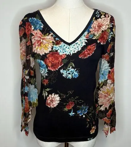Forbidden Black Floral Mesh Sleeve Top Women Small Boho Y2K Cottagecore