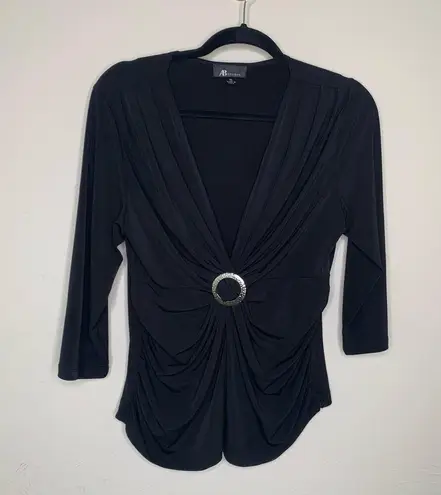 AB Studio Y2K Black Slinky Blouse Knit Ring Ruched Bust Sz XL