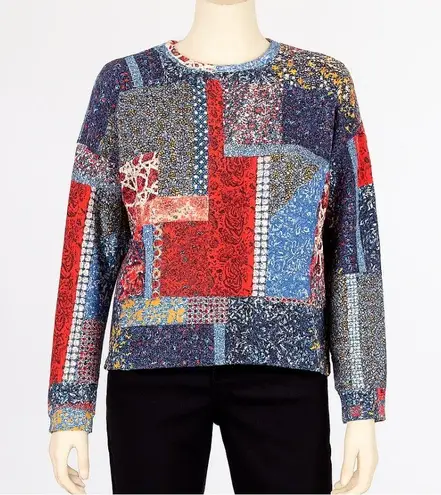 Zara Trafaluc TopWomens Patchwork Knit Long Sleeve Top Multicolor Boho Size S Red