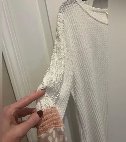 White Waffleknit top with Pink cheetah and lace accents Long Sleeve Top by BiBi Size L