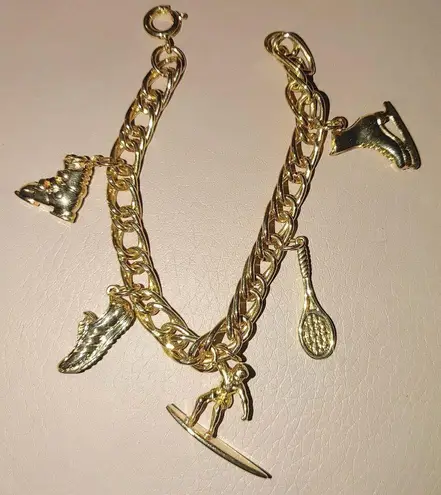 Charm Bracelet Vintage Gold Plated Sports Surfboard Tennis Racket Ice Skate Ski