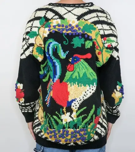 Vintage 90s Just Better Sweater designs by Lisa Coufal Rooster Cardigan Sweater Black Size XL