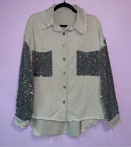 Light Grey Jean Jacket M Oversized Blue Velvet Sequins Cotton Blend Size M