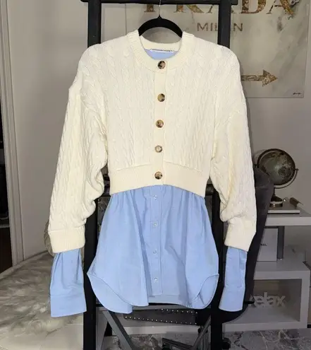 Alexander Wang Bi-Layer Layered Cotton Blend Cable-Knit Oxford Cardigan