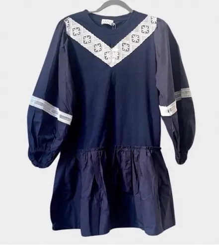 Tanya Taylor NEW  Kirstie Puff-Sleeve Drop-Waist Mini Dress Navy Blue White M Med