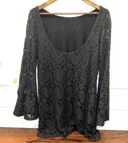 Elan  Women’s Black Lace Scoop Neck Bell Sleeve Top Size L