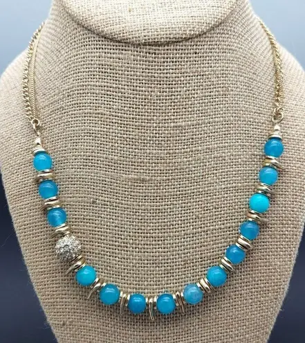 NWT Sequin Gold Tone & Blue Bead Collar Necklace Asymmetrical Paved Pendant 18"