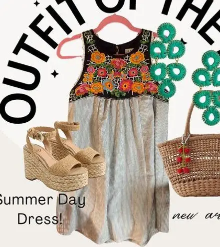 THML EUC Women’s Boho Preppy Sleeveless Embroidered & Striped Dress Sz S 🦋💖🌴