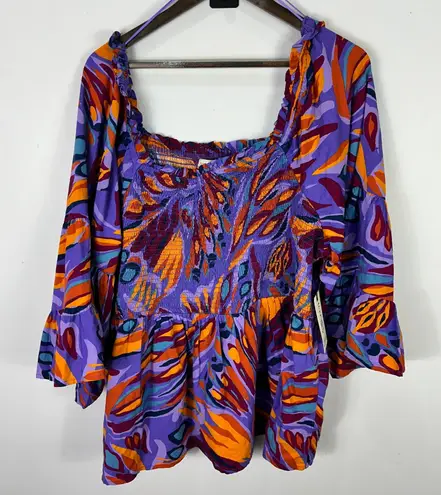 Terra & Sky Top 2X Purple Smocked Boho Bell Sleeve Dopamine Dressing Festival