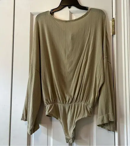 Free People Intimately  Green Ribbed Button Front Long Sleeve Bodysuit