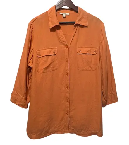JM Collection Womens Tunic Button Top 14W Orange Linen Coastal Beach Resort