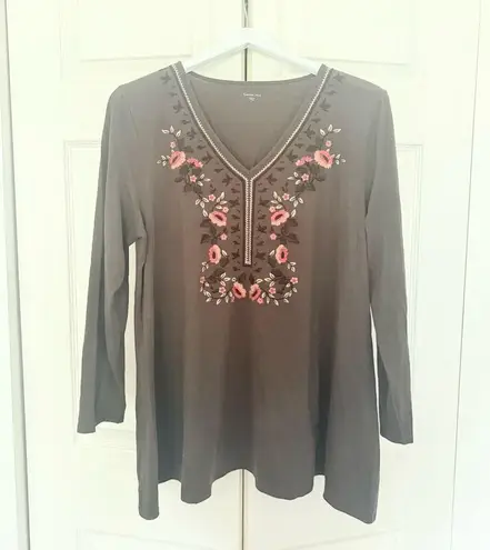 Garnet Hill Embroidered Blouse Olive Green Long Sleeve Top Size Large