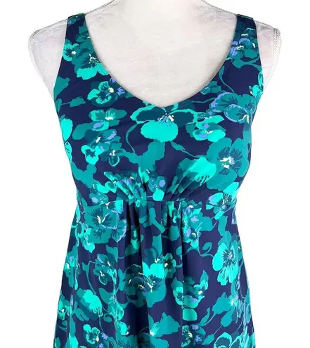 L.L.Bean  Soft Drape Tankini Top 12 Blue Green Floral Adjustable UPF 50+