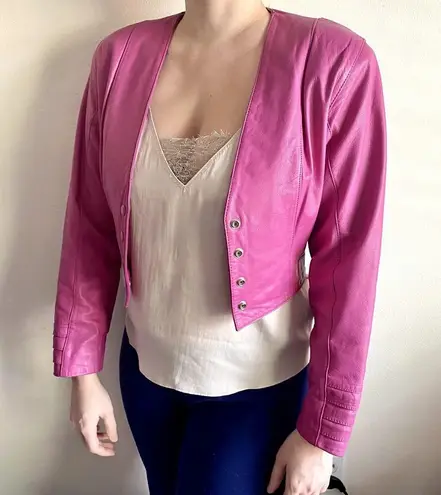 Vintage 80s Yucatan Bay Pink 2 Piece Leather Mini Skirt Jacket Matching Suit Set