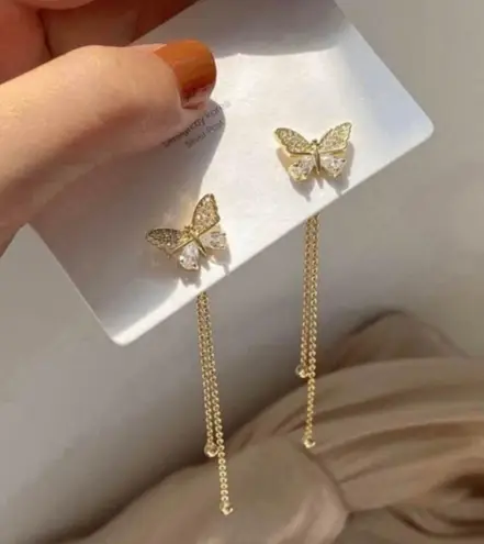 925 Silver Post Gold Butterfly Long Tassel Chain Gold Drop Earrings for Women