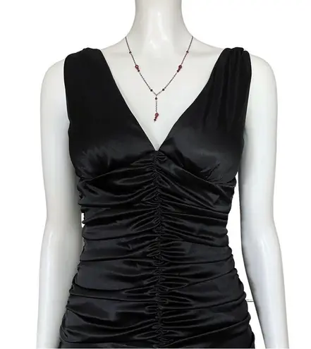 Vintage Y2K Black Satin Ruched V Neck Midi Cocktail Party Dress. XS. Graduation