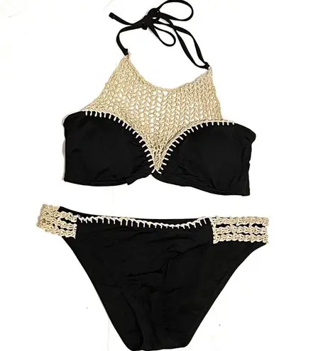 The Bikini Lab Crochet High Neck Bikini Set Top Bottoms Swim Black Hipster Halter