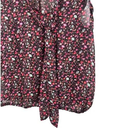 Eyelash Brown Pink Red Floral Fall Sleeveless Sheer Tie Neck Office Casual Top M Size M