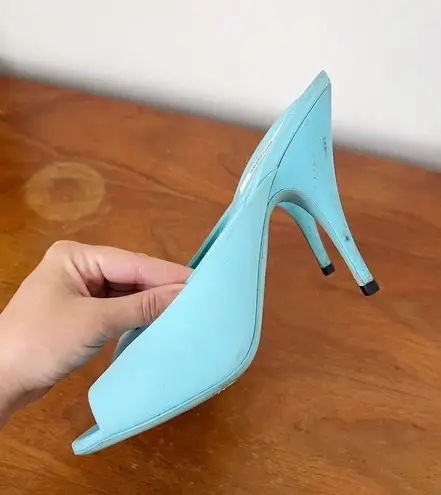 Moschino x Barbie • turquoise stiletto mules heels sandals peep toe