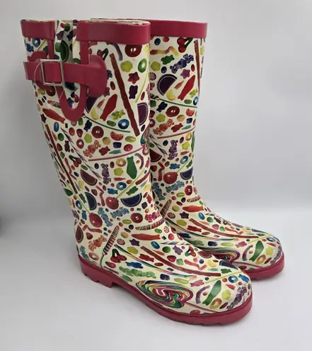 Dylan’s Candy Bar Rain Boots Women’s 7 Candy Print Gumdrop Gummy Worm White Pink