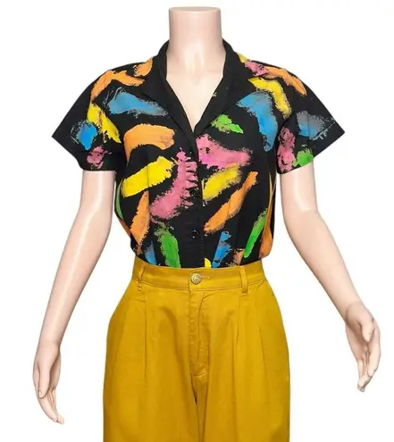 BIG BUD Pantry Button Up Blouse, Rainbow Paint Stroke, XXS Black