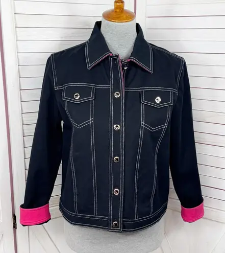 Vntg St. John Sport Contrast Stitch Button Front Denim Jacket Black Pink Small
