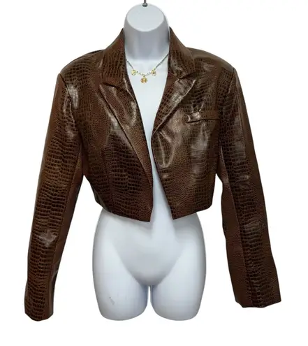 Missguided Faux Leather Croc Print Brown Cropped Jacket Street Style Size 4