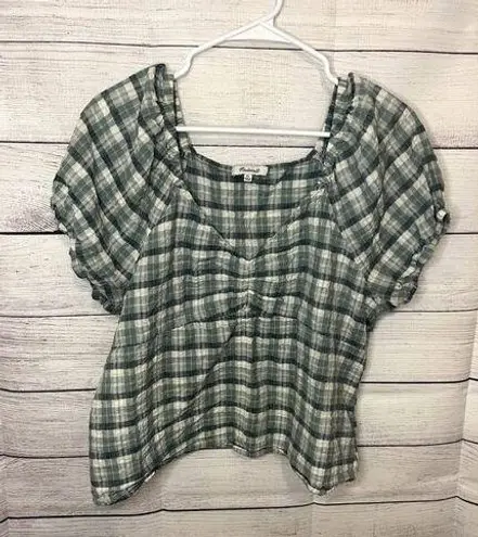 Madewell  Plaid Puff Sleeve Ruched Bodice Top