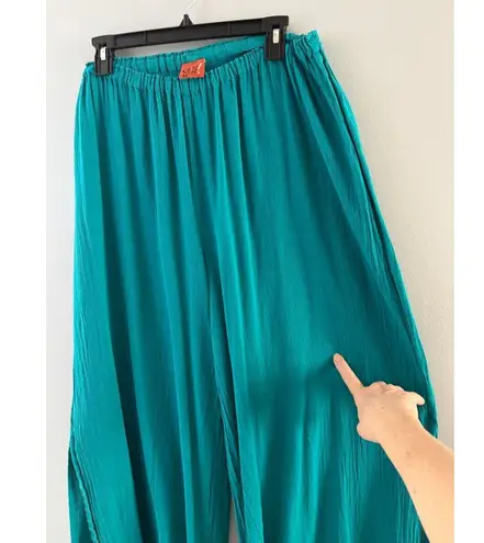 Oh My Gauze Kate Pants Size 2 Large XL Green Teal Slit Legs Wide Leg Lagenlook *