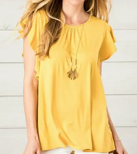 Matilda Jane Bocce Ball Lace Accent Top Mustard Yellow Lace Back Short Sleeve M