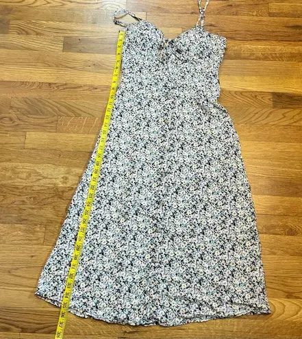 AUW Womens Large Black Yellow Floral Retro Tie Front Smocked Midi Dress Spring