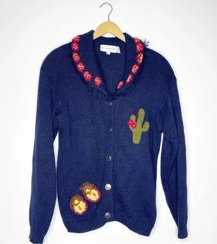 Vintage The Eagles Eye Southwestern Sweater Womens Medium Cardigan Cactus Navy Blue