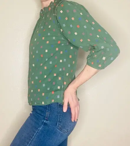 Ro & De Anthropologie  Green Ruffle Colorful Square Blouse