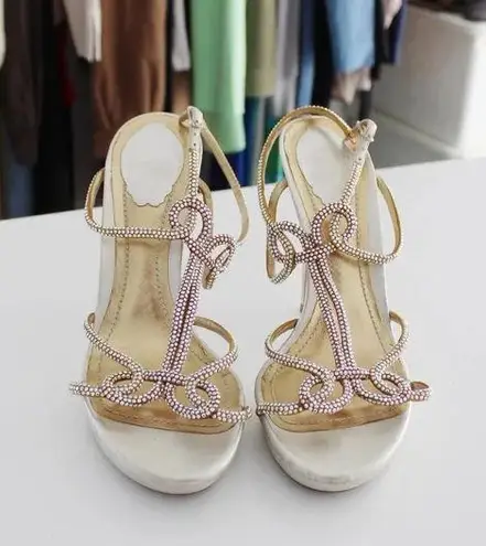 Rene Caovilla Vintage Satin Leather Crystal Embellished Stiletto Heels Size 38.5