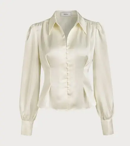 Rihoas Solid Collared Puff Sleeve Satin Blouse Size XS