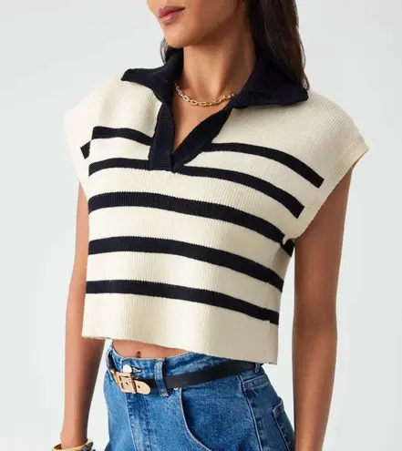 Cider V Neck Cap Sleeve Sweater Vest Top Casual Trendy Striped Cream Black Sz. S