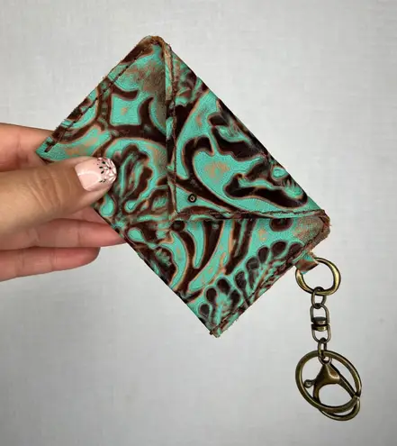 Turquoise Brown Tooled Leather Envelope Card Holder Keychain Wallet Cute Blue
