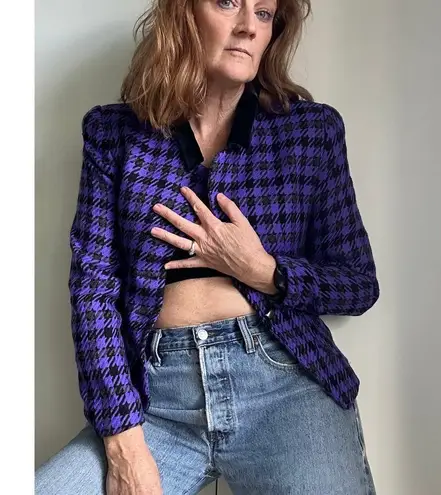 Tahari Vintage 90s Houndstooth Blazer Cropped Size Small 2/4 Fit Purple/Black