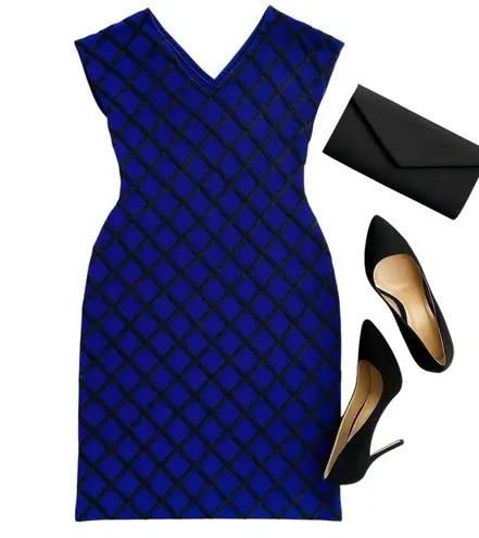 Carmen Marc Valvo VINTAGE Royal Blue Wool & Black Beaded Dress –Size M (runs SM)