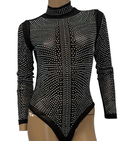 new small sheer mesh all over rhinestone mock neck bodysuit TLS2 2257 Black