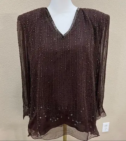 Vtg 90s Miss Morgan Silk Beaded Sequin Evening Party Formal Blouse Top Sz L EUC Brown Size L