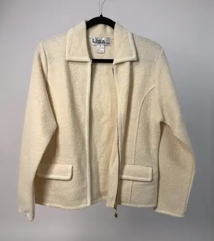 Lisa International Womens Cream Boiled Wool Zip Up Cardigan Jacket Classic S White