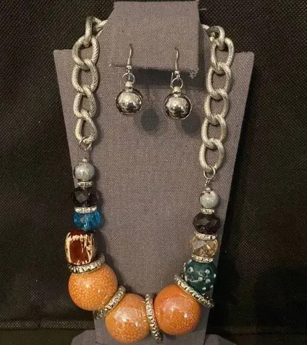 CG Jewelry Cg- marble stones in orange, green & clear stone necklace with silver earrings r