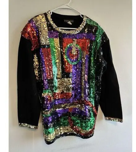 Vintage Sequin Sweater Multicolor Abstract Geometric Pattern Party Pullover Size L