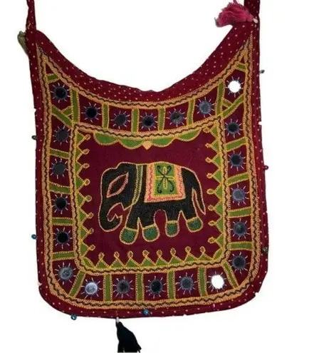 Hippie Embroidery Hobo Boho CrossBody Side Bag Red Maroon
