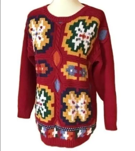 Vintage 80s bright colorful artistic sweater Red