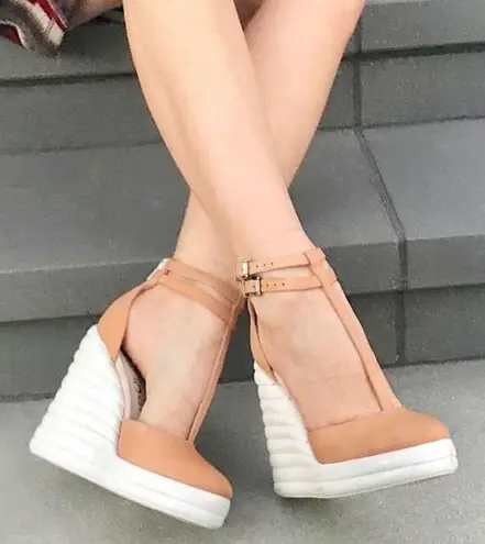 Jeffrey Campbell Sous Wedges Leather Camel White Bubble Strappy Platform Heels 6