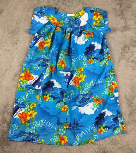 Vintage Made in Hawaii Aloha Dress Floral Print Island Cruise Dress Size L Blue Size L